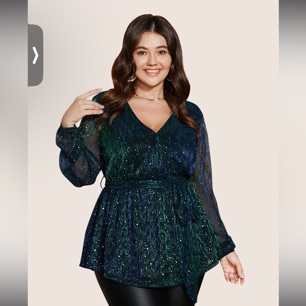 BloomChic Sequin Mesh Lantern Sleeve Wrap Belted Striped Blouse Green Blue Sz 12